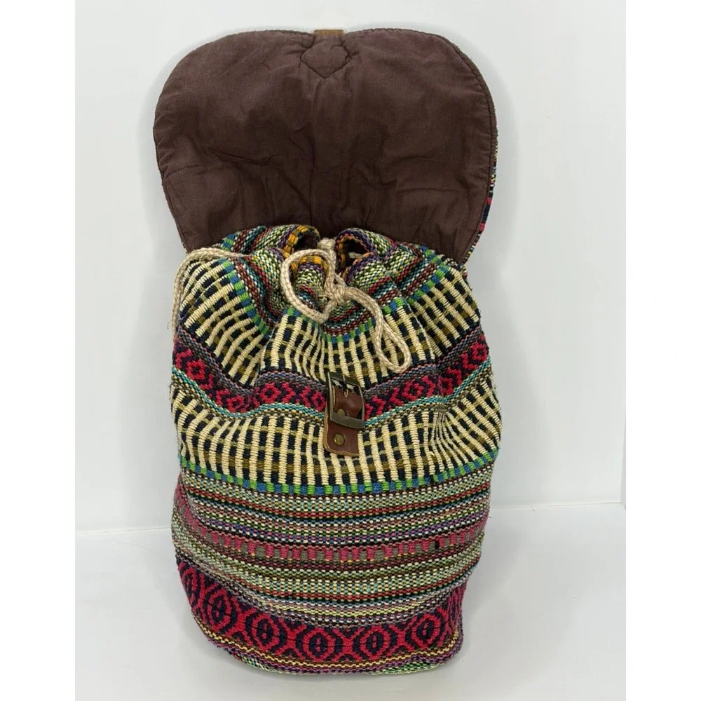 Boho Woven Tapestry Backpack Multi Color Geometric Drawstring Rucksack Festival